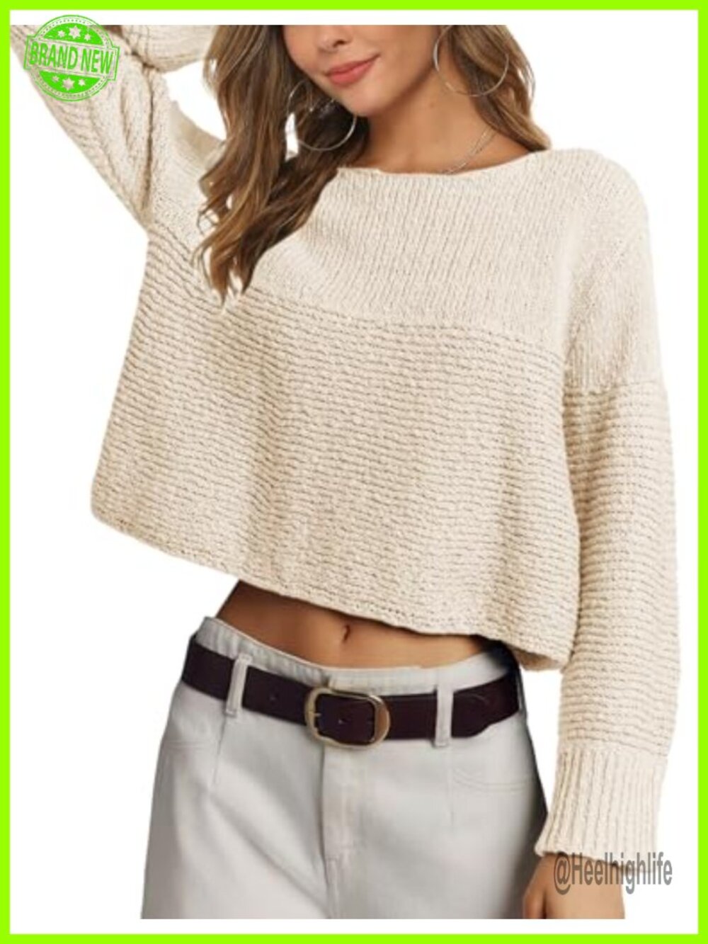 Women's Cropped Ribbed Knit Crew Neck Long Sleeve Sweater Pullover